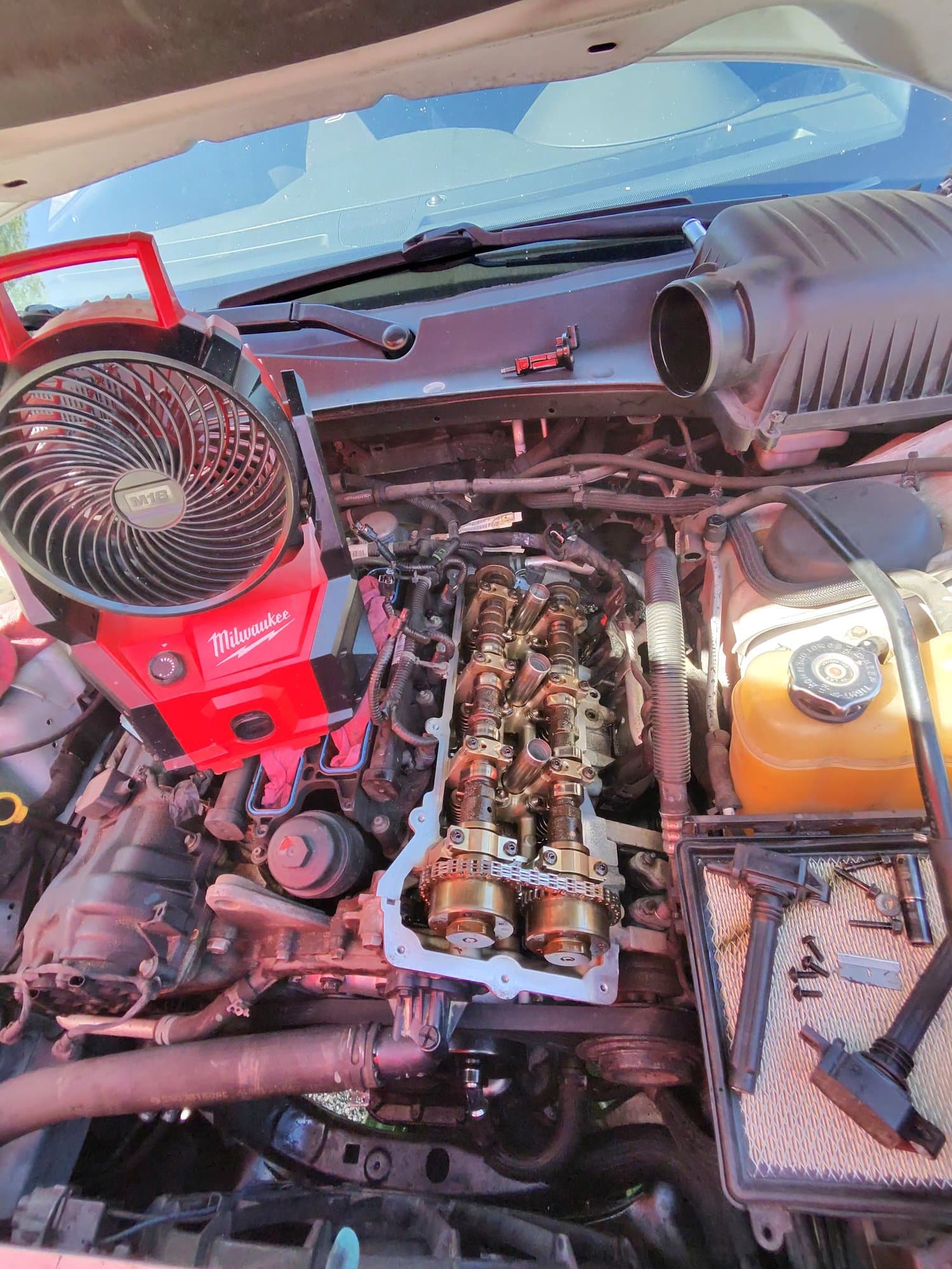 An engine with its valve cover off, the camshafts and timing chain exposed, a red Milwaukee fan clipped to the fender and the ignition coils laid out on the air filter box